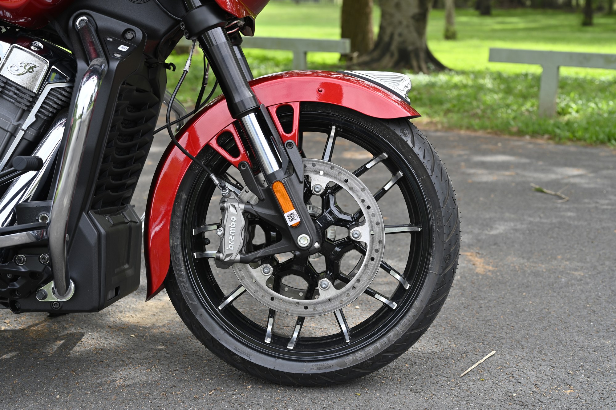 Linked Brembo brakes and electronic rider aids provide strong, confidence-inspiring stopping power.